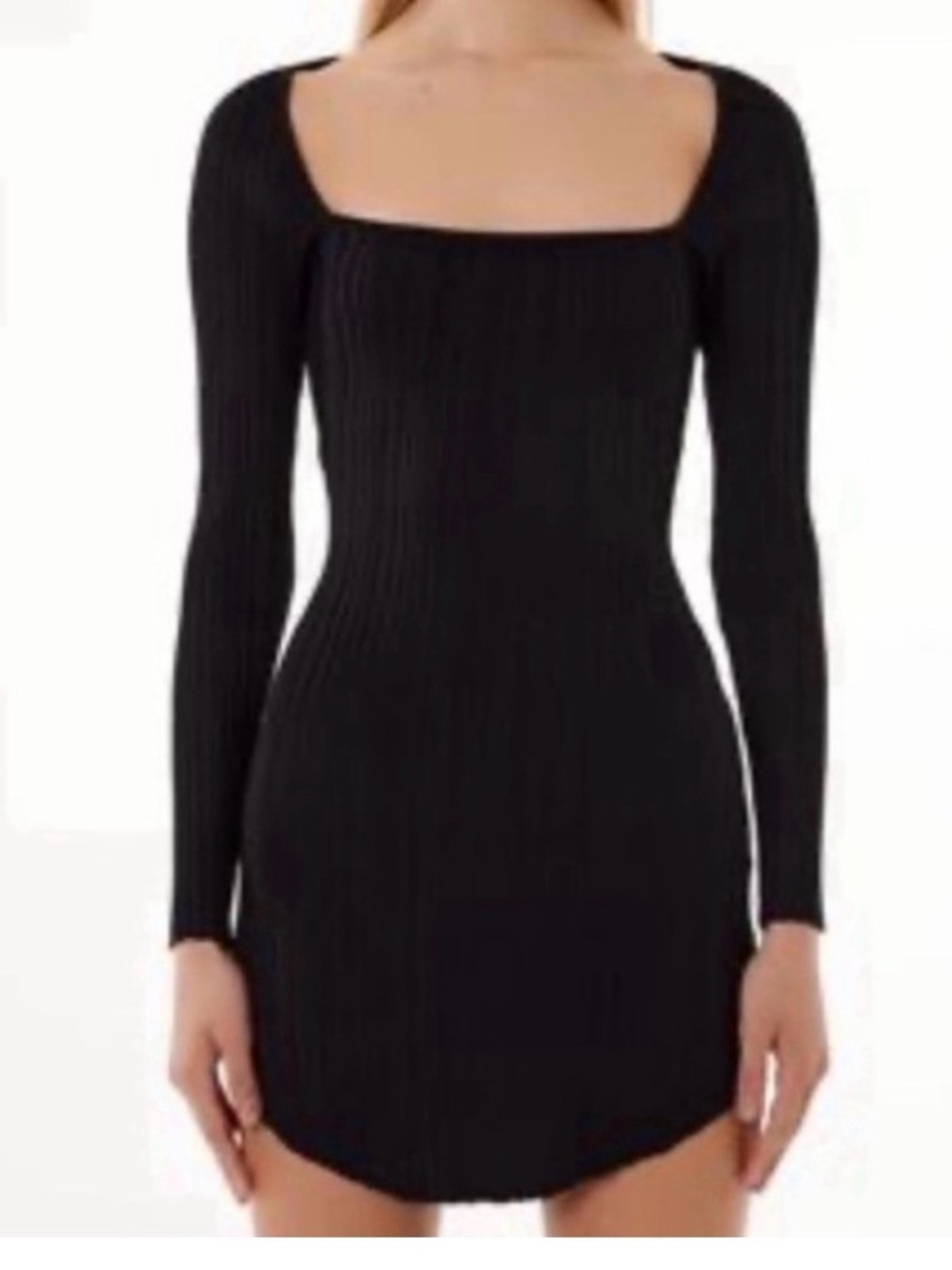 Barneys New York Black Ribbed Long-Sleeve Square-Neck Mini Dress